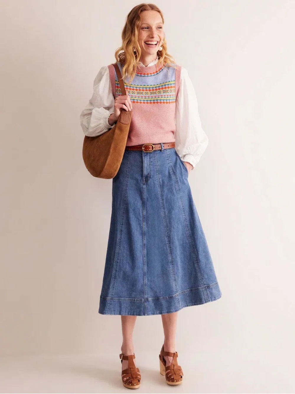 Boden Skirt Womens 14 Joy Panelled Denim Midi High Rise - Picture 8 of 8